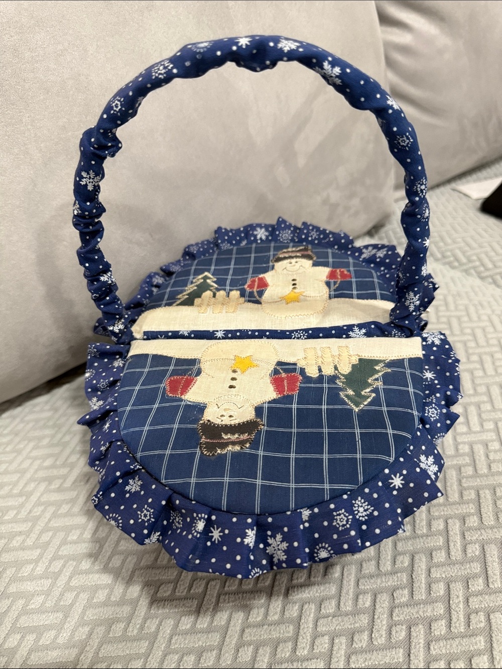 Vintage Handcrafted Navy Snowman Holiday Basket Christmas 100% Cotton